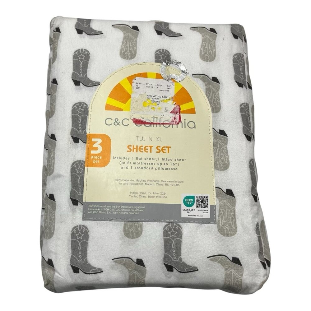 C&C California Twin‎ XL Sheet Set White W Gray Cowboy Boots Western Cowgirl